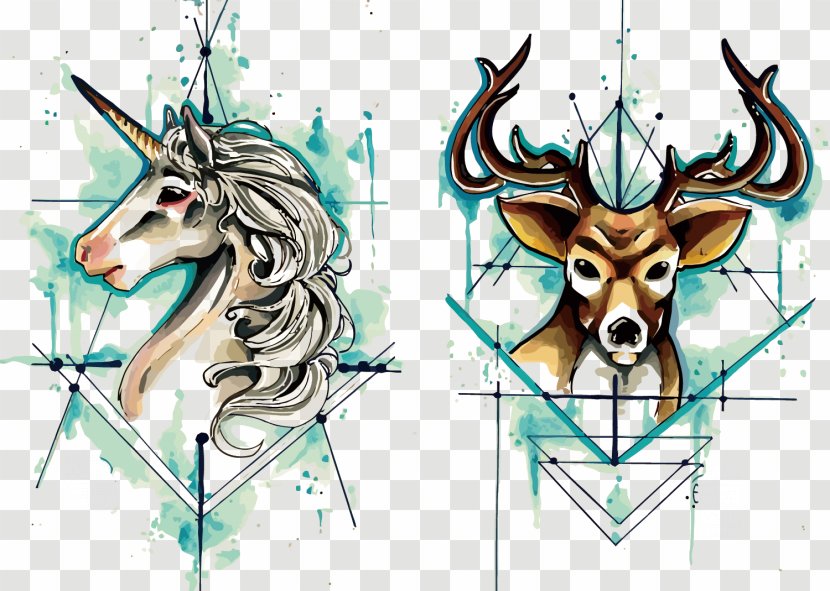Deer Unicorn Watercolor Painting - Vector And Transparent PNG