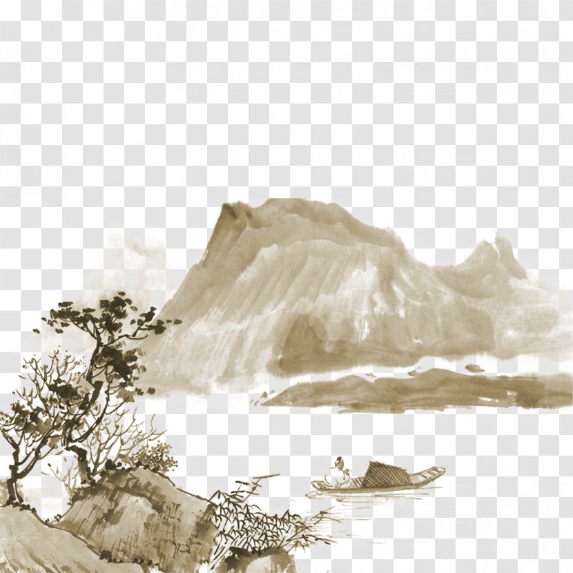 China Landscape Painting India Ink Drawing - Stock Photography - Mountain Tree Ship Material Picture Transparent PNG