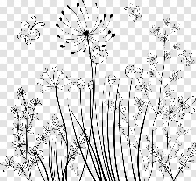 Flower Black And White Ornament - Symmetry - Hand Painted Plants Transparent PNG