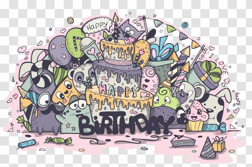 Birthday Cake With Cartoon Animals - Card Transparent PNG