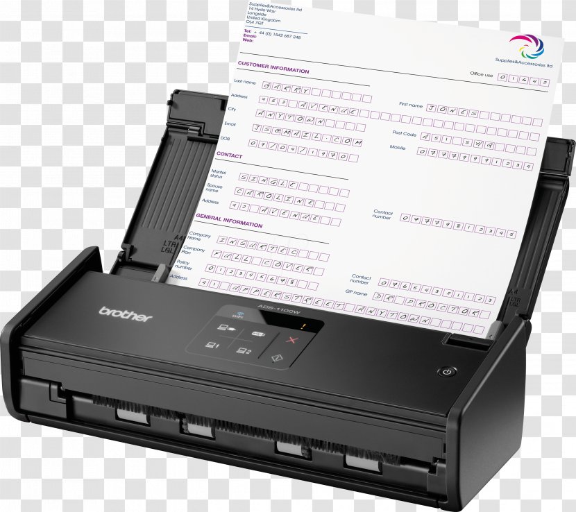 Image Scanner Brother Center ADS-1100W-Document Scanner-Duplex-215.9 X 863 ... ADS-1600W Document Automatic Feeder Industries - Printer Transparent PNG