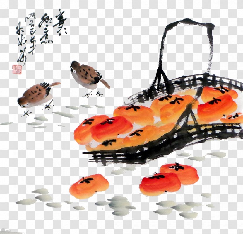 Chinese Painting Bird-and-flower Gongbi Japanese Persimmon - Footwear - A Basket Of Transparent PNG