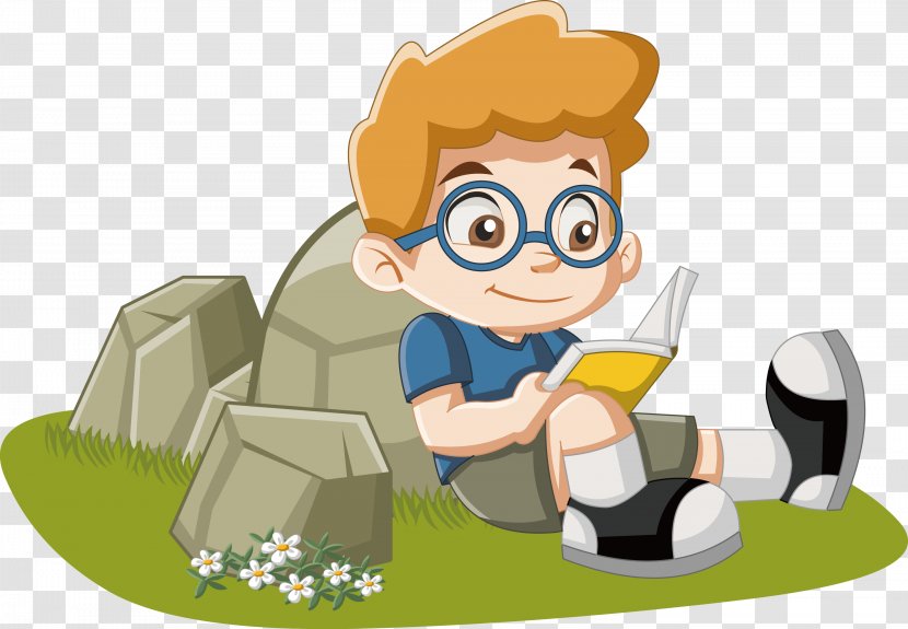 Child Cartoon - Book - Reading A Sitting On The Grass Little Boy Transparent PNG