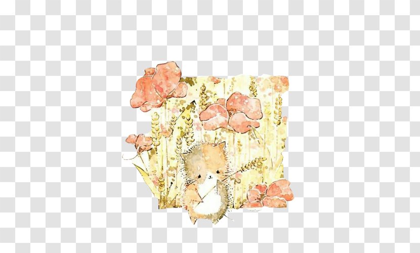 Drawing Painting Illustrator Illustration - Colored Pencil - Pink Flowers Cat Playing Stock Image Transparent PNG