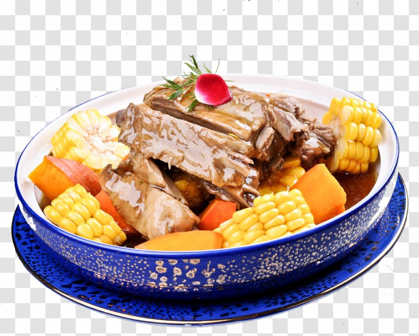 Short Ribs Chinese Cuisine Spare Pork - Cooking - Cyan Pattern Plate Of Corn Carrot Soup Transparent PNG