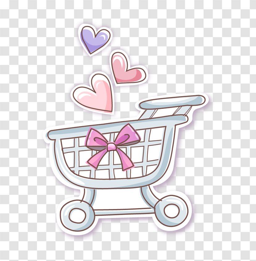 Shopping Cart Illustration - Pink - Hand-painted Silver Heart-shaped Bow Transparent PNG