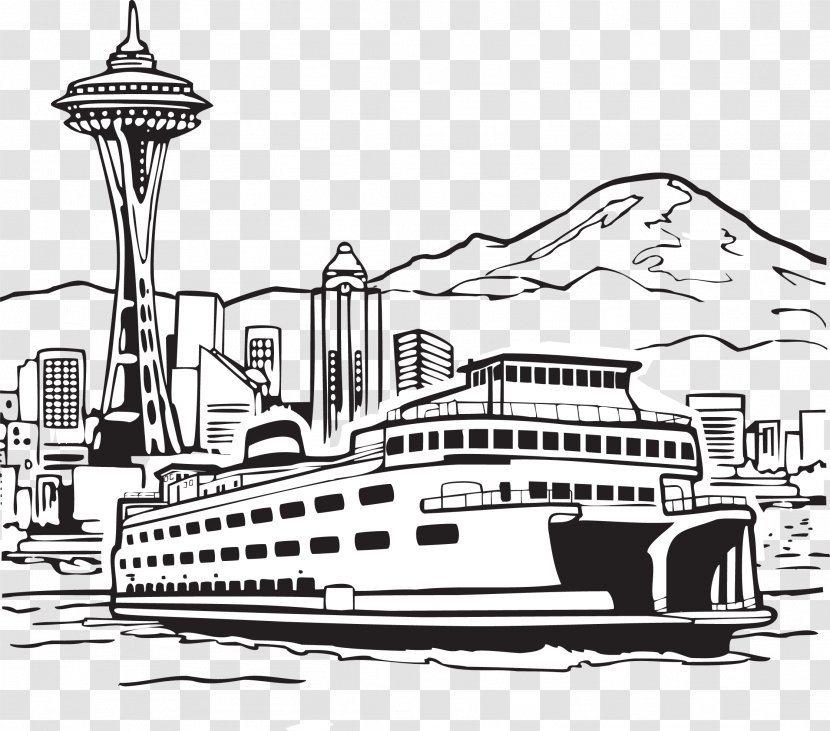 Space Needle Smith Tower Seattleu2013Bainbridge Ferry Clip Art - Boating - Sea And Land Transport Urban Development Transparent PNG