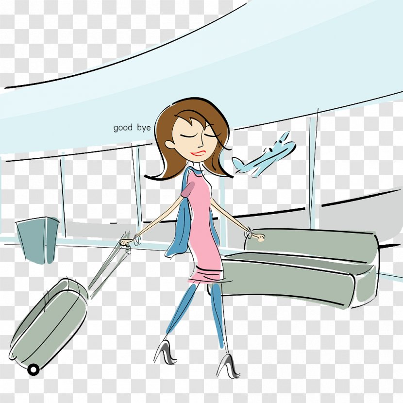 Suitcase Baggage Woman Travel Clip Art - Cartoon - Fashion Illustration Airport Departure Goodbye Transparent PNG