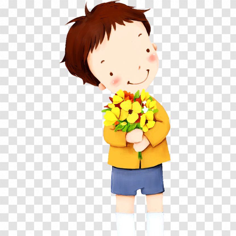Child Boy - Sweater - Holding A Bouquet Of Flowers Transparent PNG