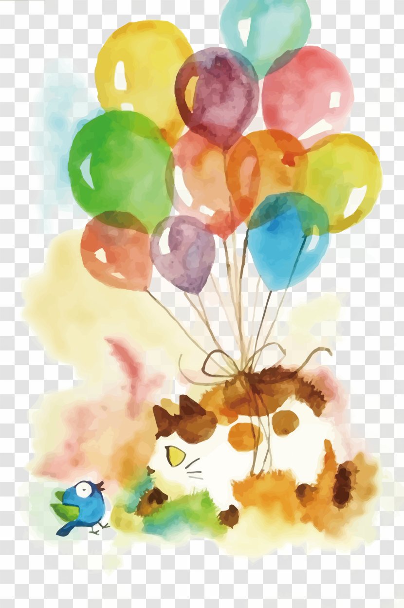 Hot Air Balloon Birthday - Painting - Vector Hanging On The Cat Transparent PNG