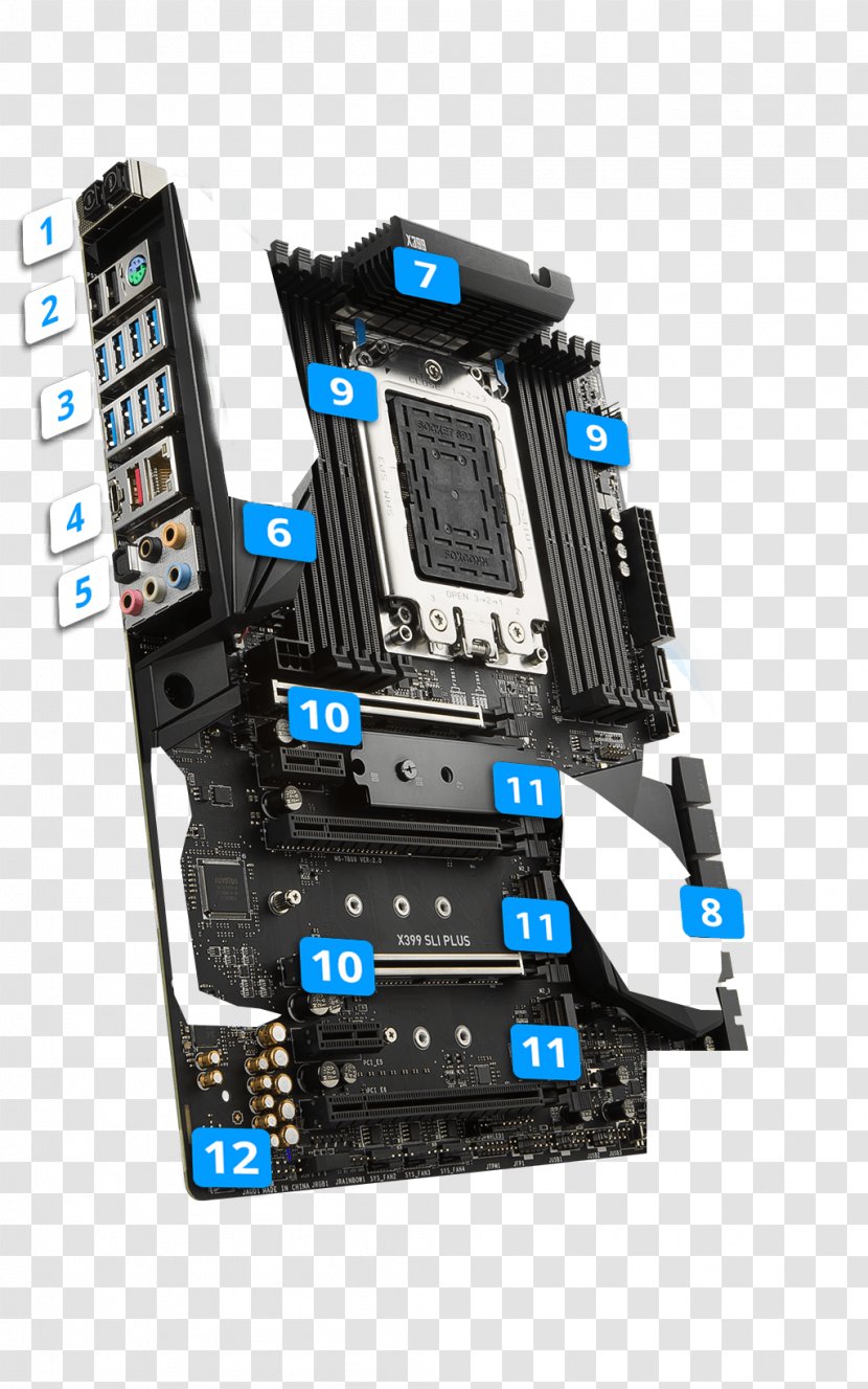 Computer System Cooling Parts Motherboard Mainboard MSI X399 SLI PLUS PC Base AMD TR4 Form Factor ATX Socket Scalable Link Interface - Ryzen - PS/2 Port Transparent PNG