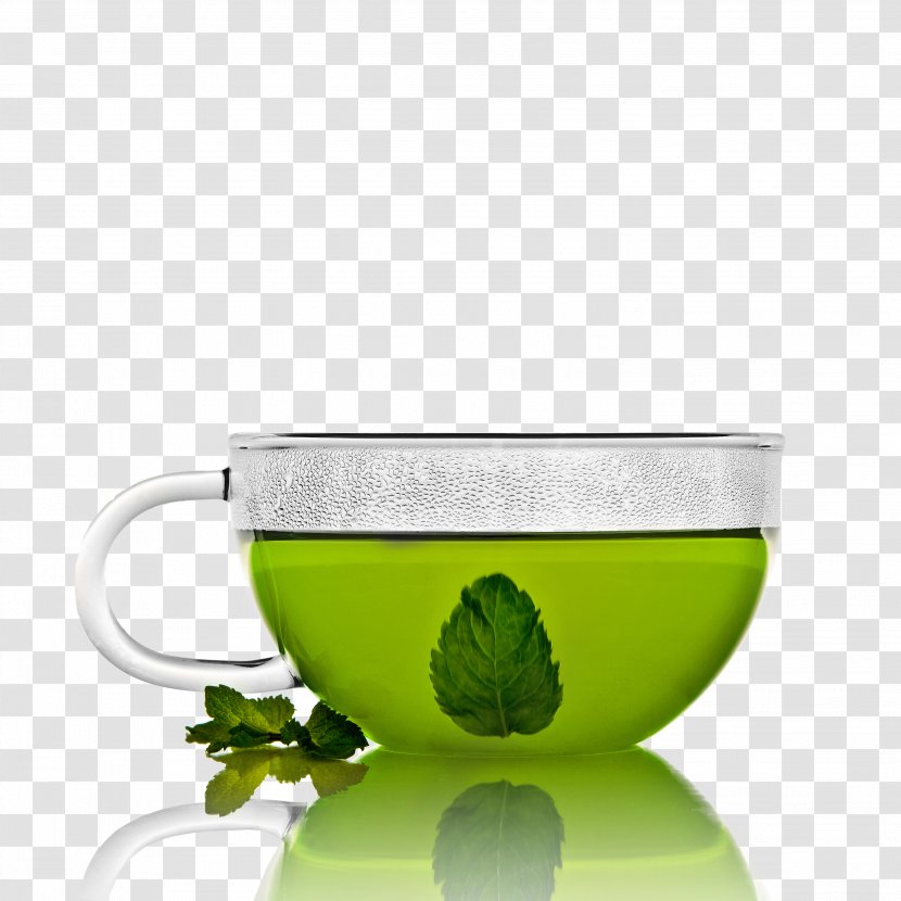Green Tea Coffee Flowering - Saucer - And Mint Leaves Transparent PNG