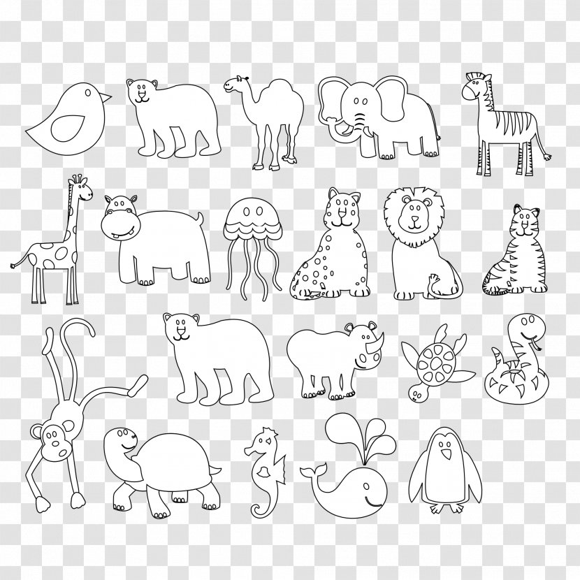 Coloring Book Animals Black And White Colorful Clip Art - Artwork - Animal Print Transparent PNG