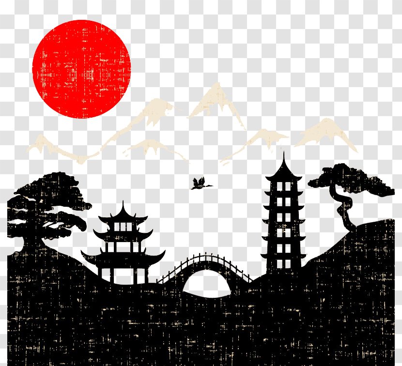 Japan Landscape Painting - Monochrome - Southern Town Silhouette Background Transparent PNG