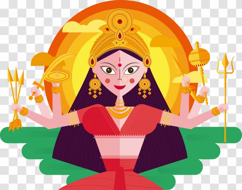 India Durga Puja Navaratri Thai Pongal Diwali - Happiness - Vector Six-armed Goddess Transparent PNG