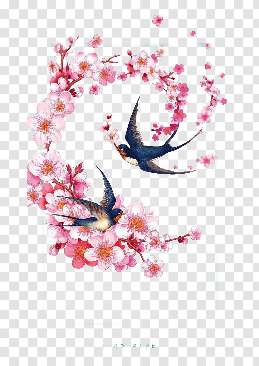 Eurasian Magpie Chinoiserie Ink Wash Painting Illustration - Flower - Chinese Wind Pink Peach Flying Illustrator Transparent PNG