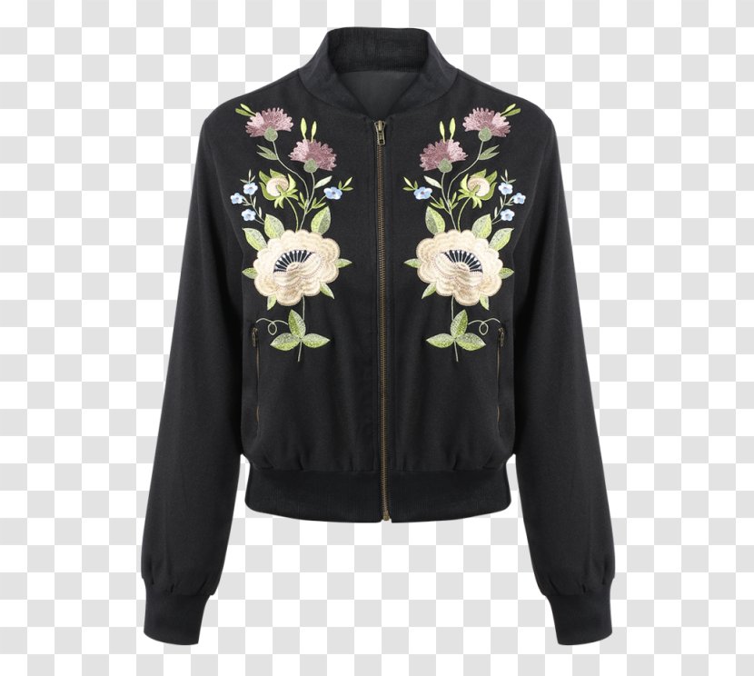 Flight Jacket Denim Overcoat Zipper - Embroidery Flower Transparent PNG