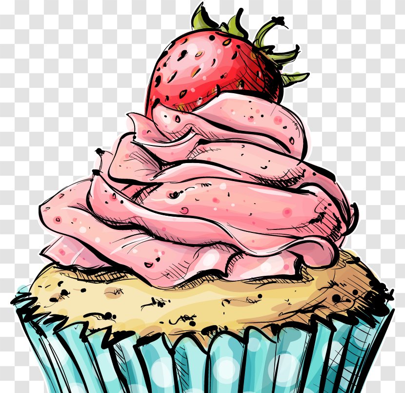 Cupcake Birthday Cake Bakery Muffin - Dessert - Hand-painted Cartoon Vector Strawberry Ice Cream Transparent PNG