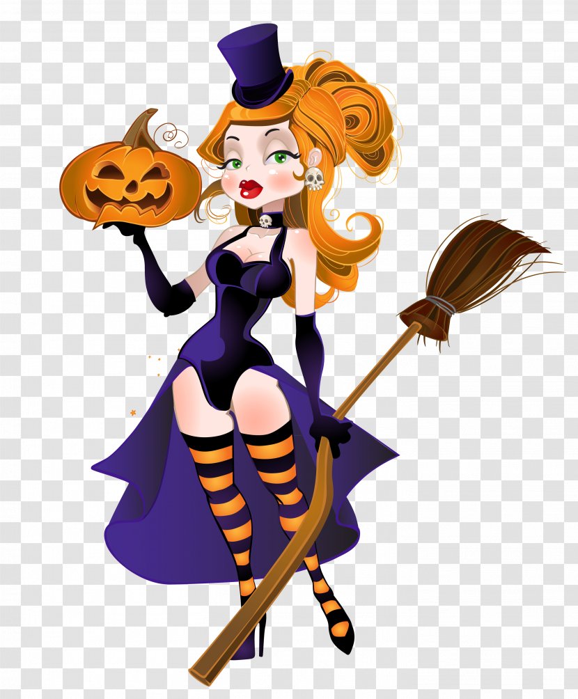 Halloween Witchcraft Illustration - Drawing - Witch With Broom And Pumpkin Clipart Transparent PNG