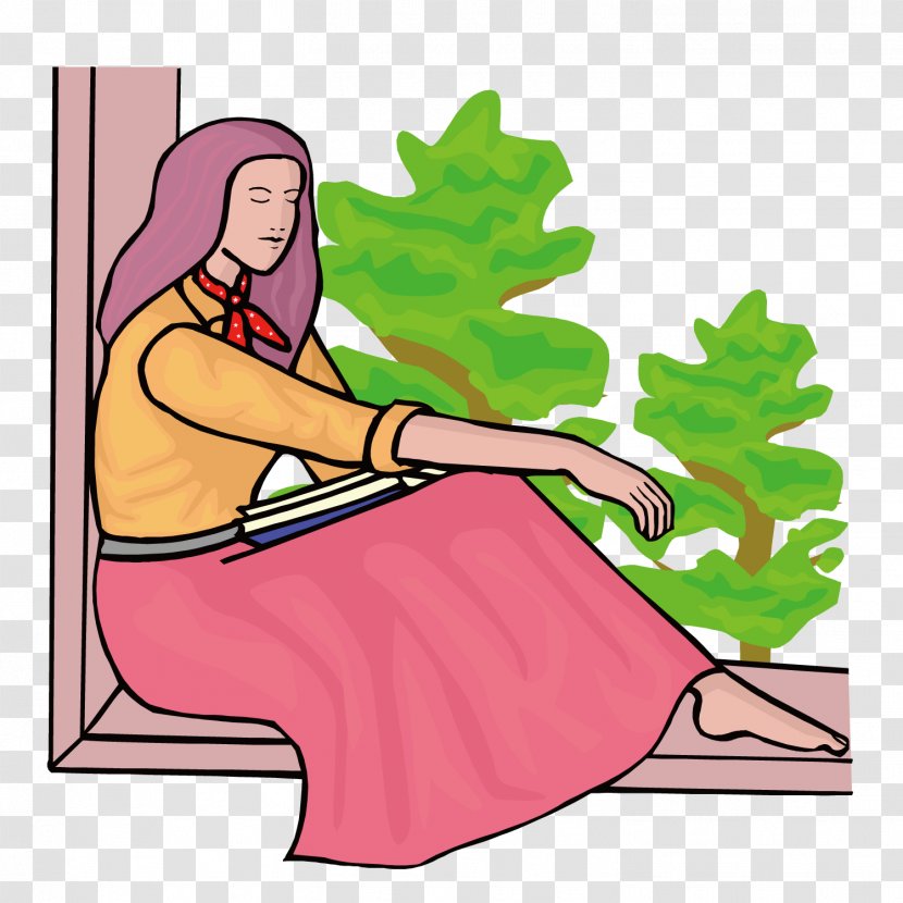 Window Cartoon Illustration - Woman - Sitting On The Reading Transparent PNG