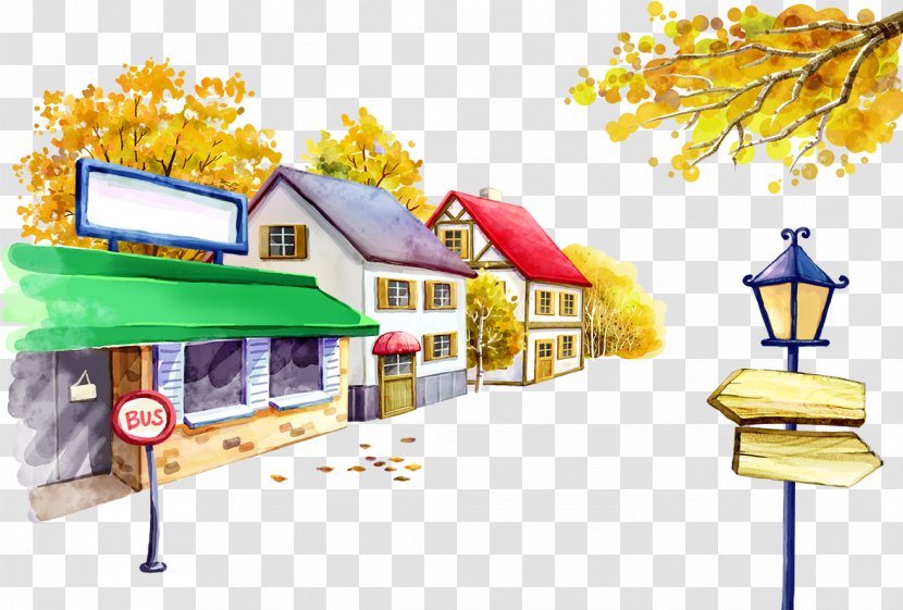 Bus Stop Cartoon Illustration - Comics - Street And Houses Transparent PNG