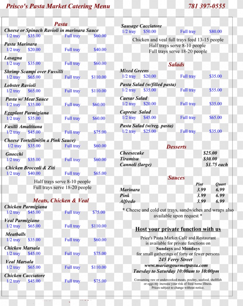 The Pasta Market Cafe Menu - Paper - Dinner Transparent PNG