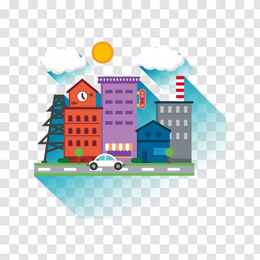 Drawing Euclidean Vector Illustration - Flat Design - Colored Buildings And Sun Transparent PNG