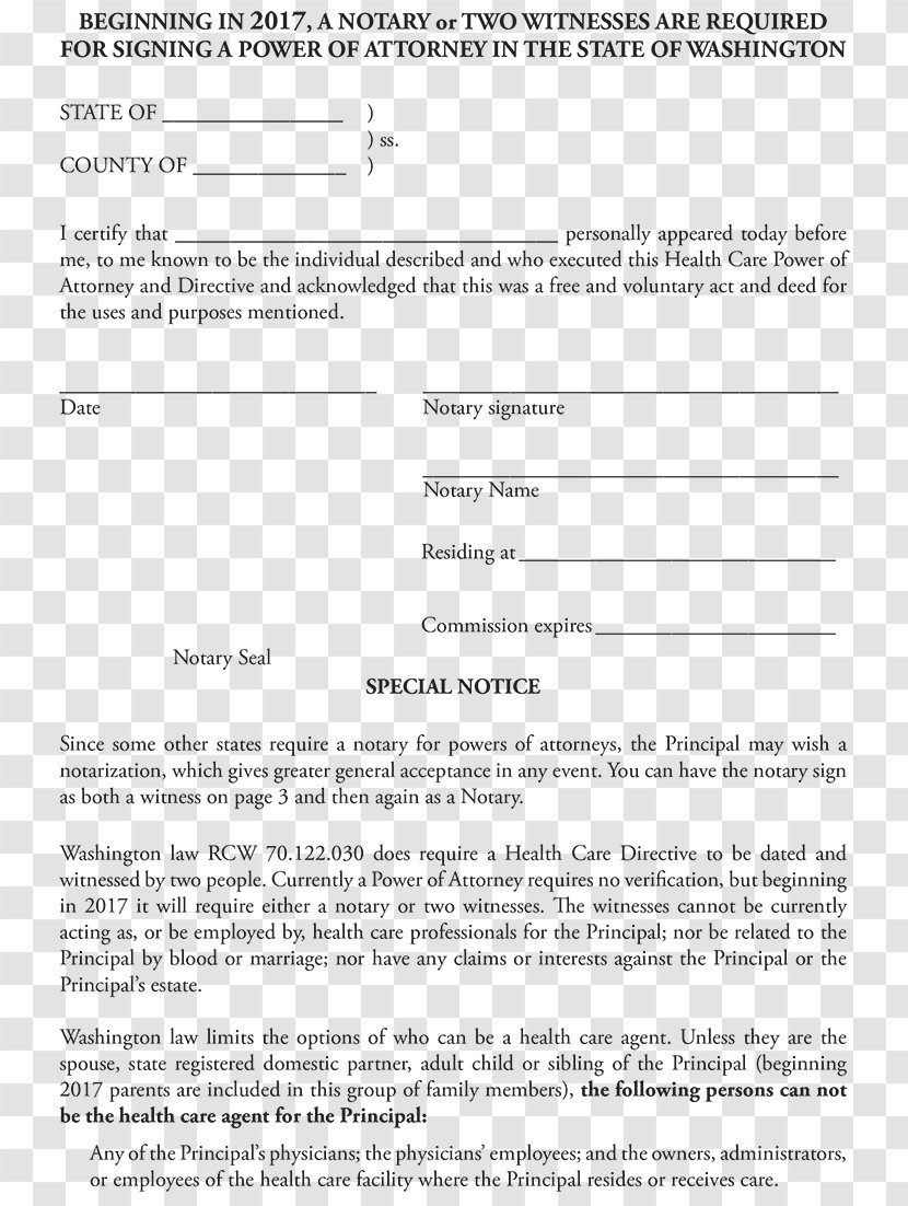 Document Power Of Attorney Notary Template Form - Healthcare Proxy Transparent PNG