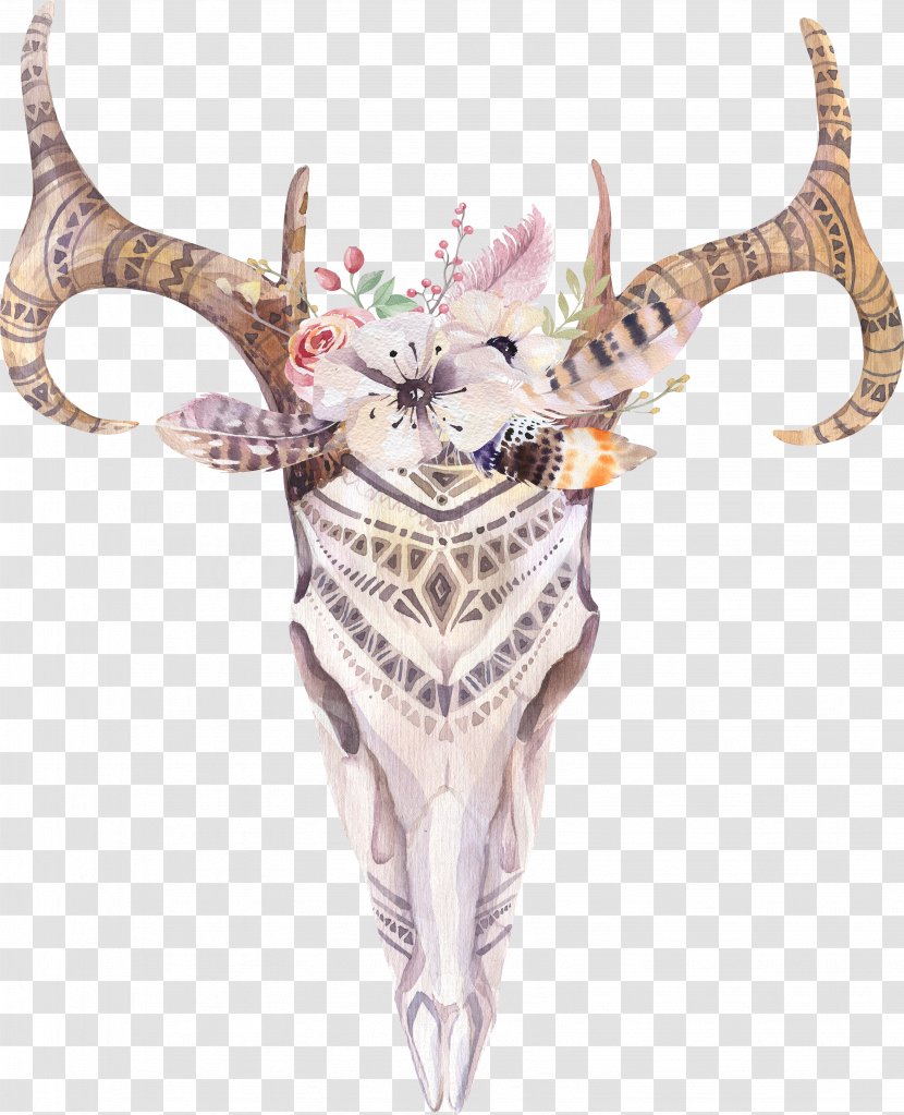 Cattle Boho-chic Skull Watercolor Painting Photography - Antler - Indian Tribes Sheepshead Flowers Hand Drawing Transparent PNG