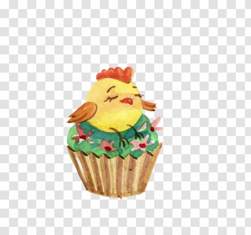 Cupcake Easter Cake Watercolor Painting - Red Chick Transparent PNG