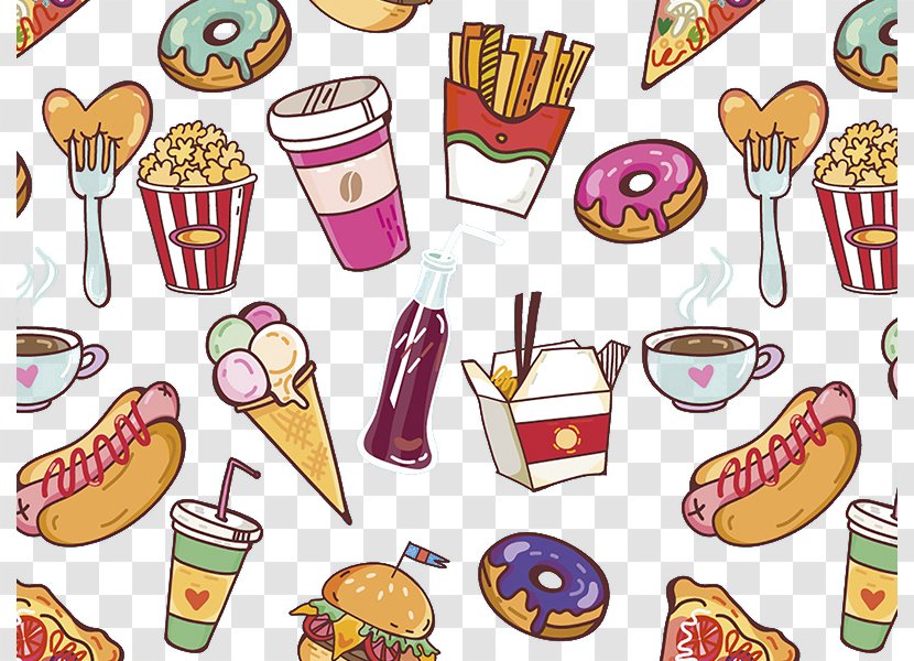 Coffee Cola Doughnut French Fries Junk Food - Hand-painted Donuts Hot Dog Fork Ice Cream Collection Transparent PNG