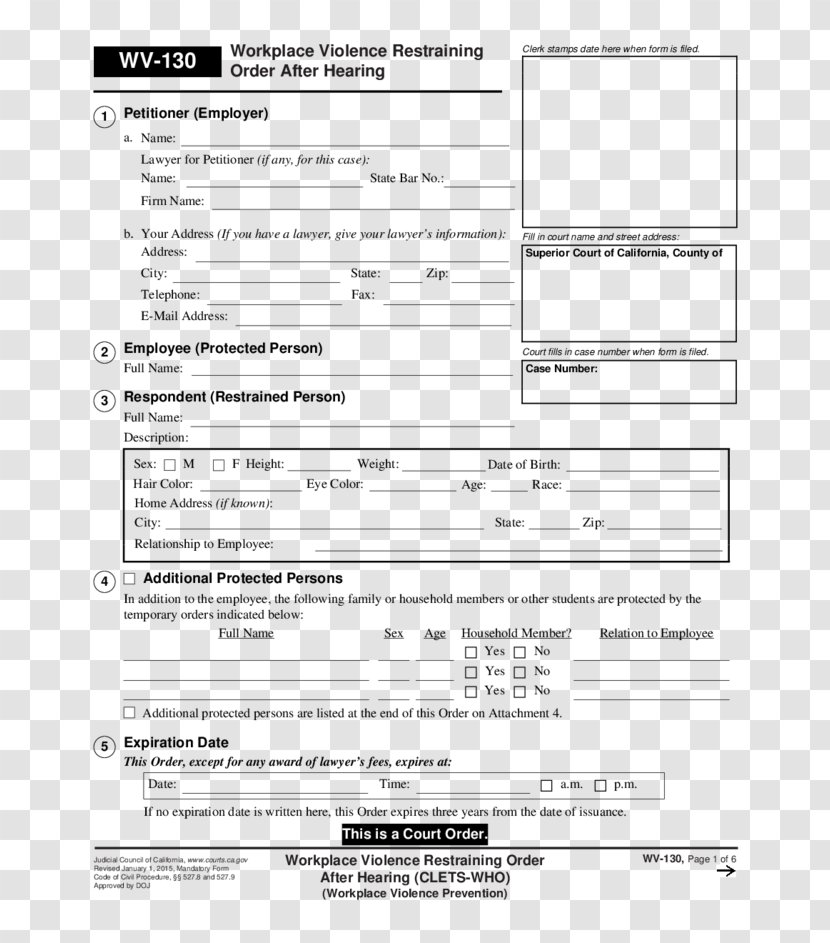 Civil Harassment Restraining Order Form California Court - Tree - FOrm Transparent PNG