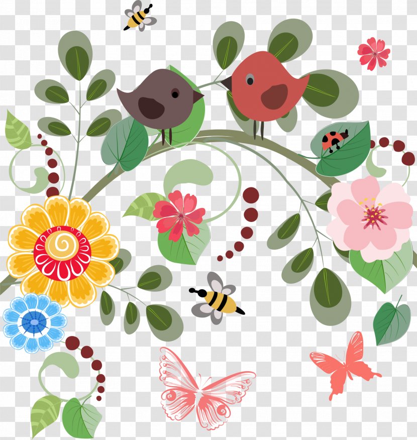 Floral Design Cartoon Drawing - Floristry - Colorful Flowers And Birds Transparent PNG