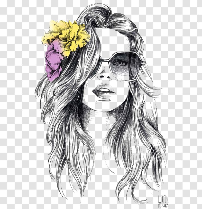 Drawing Watercolor Painting Fashion Illustration Sketch - Heart - Sunglasses Beautiful Curls Transparent PNG