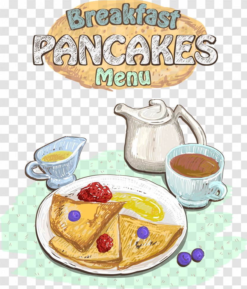 Tea Coffee Breakfast Pancake Croissant - Vector Menu Transparent PNG