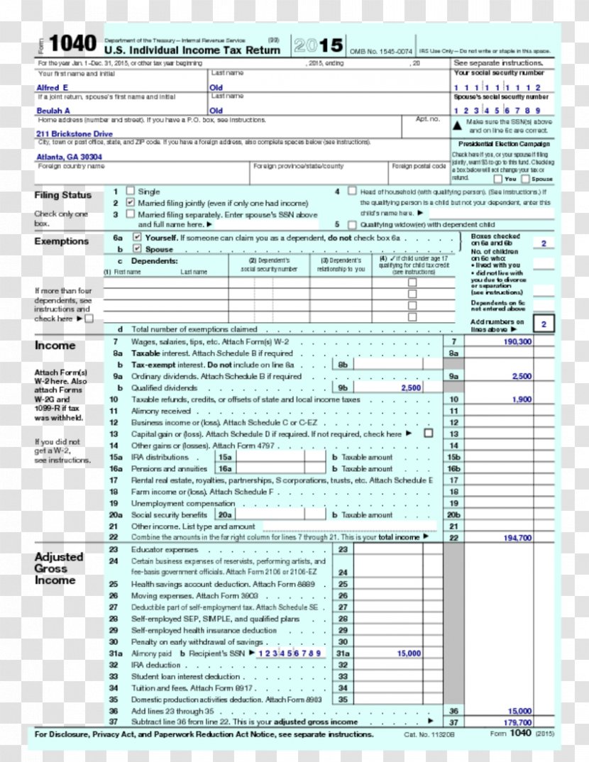 Form 1040 IRS Tax Forms Internal Revenue Service Return - Income - Information Reporting Transparent PNG