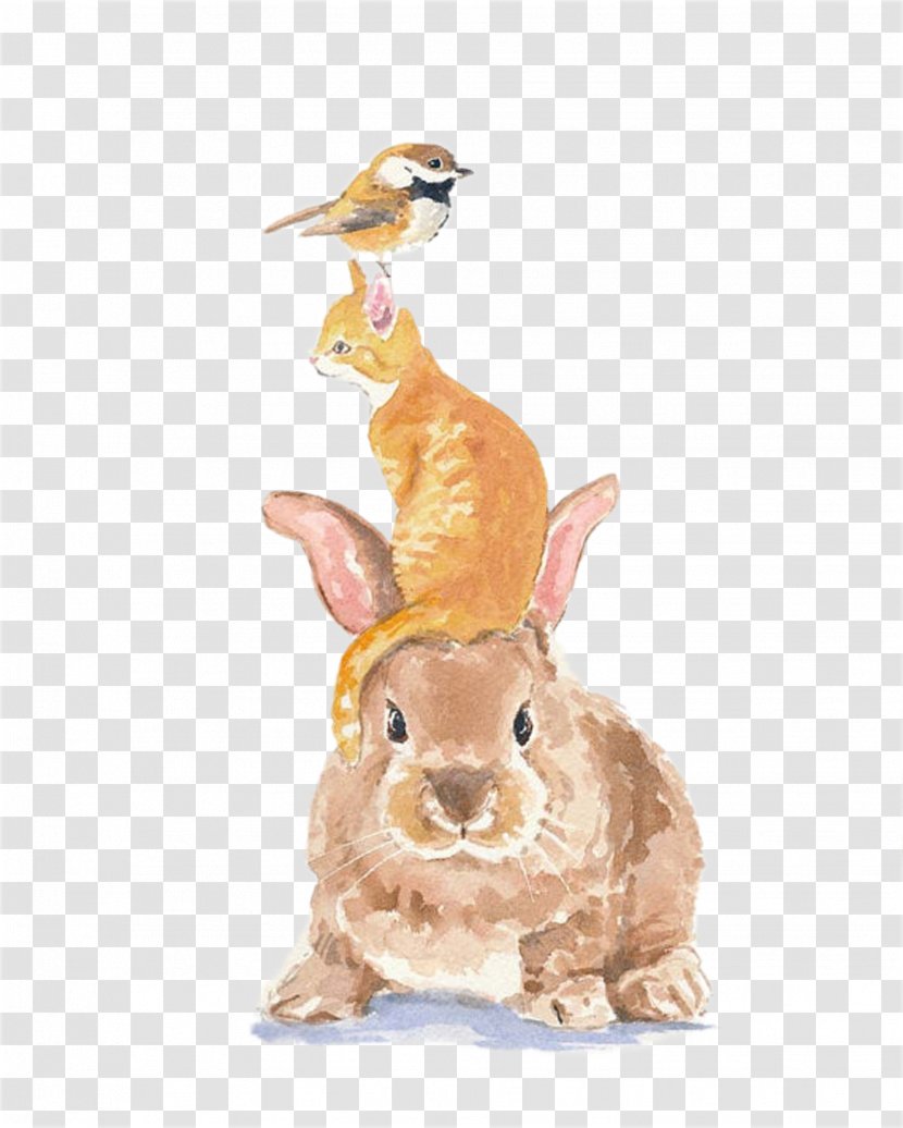 Rabbit Bird Tiger Cat Illustration - Drawing - Hand Painted Watercolor Birds Cow Crowd Transparent PNG