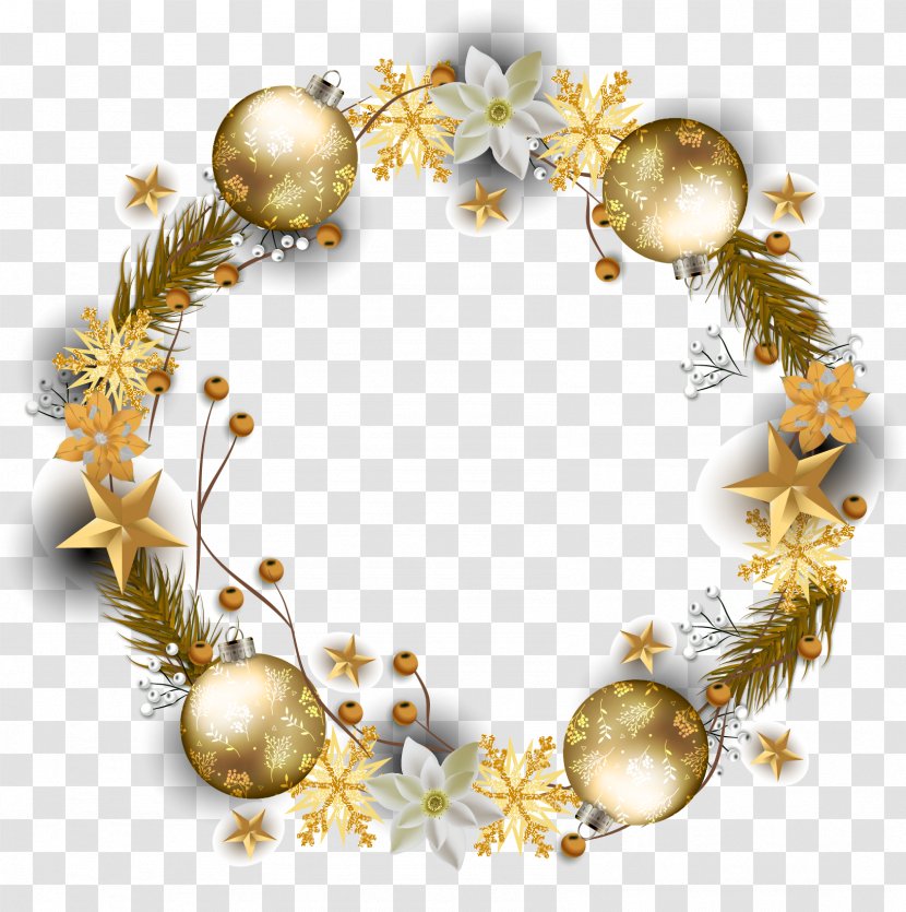 Wreath Computer File - Floral Design - Vector Winter Holiday Decoration Golden Transparent PNG