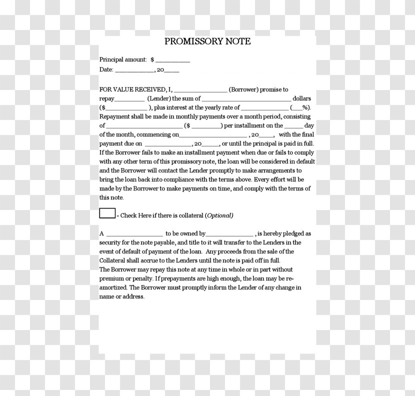 Promissory Note Template Loan Payment Form - Contract - Military Transparent PNG