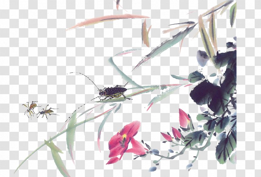 Ink Wash Painting Chinese Gongbi Wallpaper - Birdandflower - Grasshopper Transparent PNG