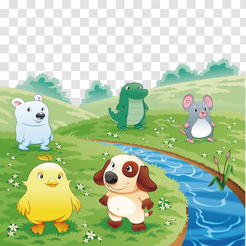 Cartoon Q-version Illustration - Green - The Animals On Grass Transparent PNG