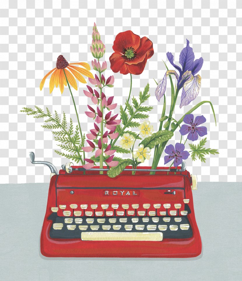 Hand-painted Flowers Typewriter Figure - Digital Art - Drawing Transparent PNG