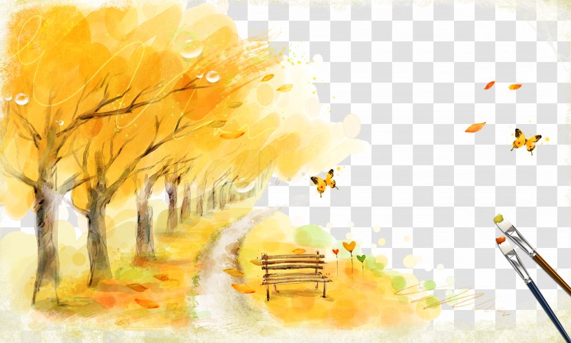 Autumn Fukei Illustration - Art - Leaves Bench Transparent PNG