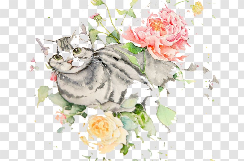 Watercolour Flowers Cat Watercolor Painting Drawing - American Shorthair Transparent PNG