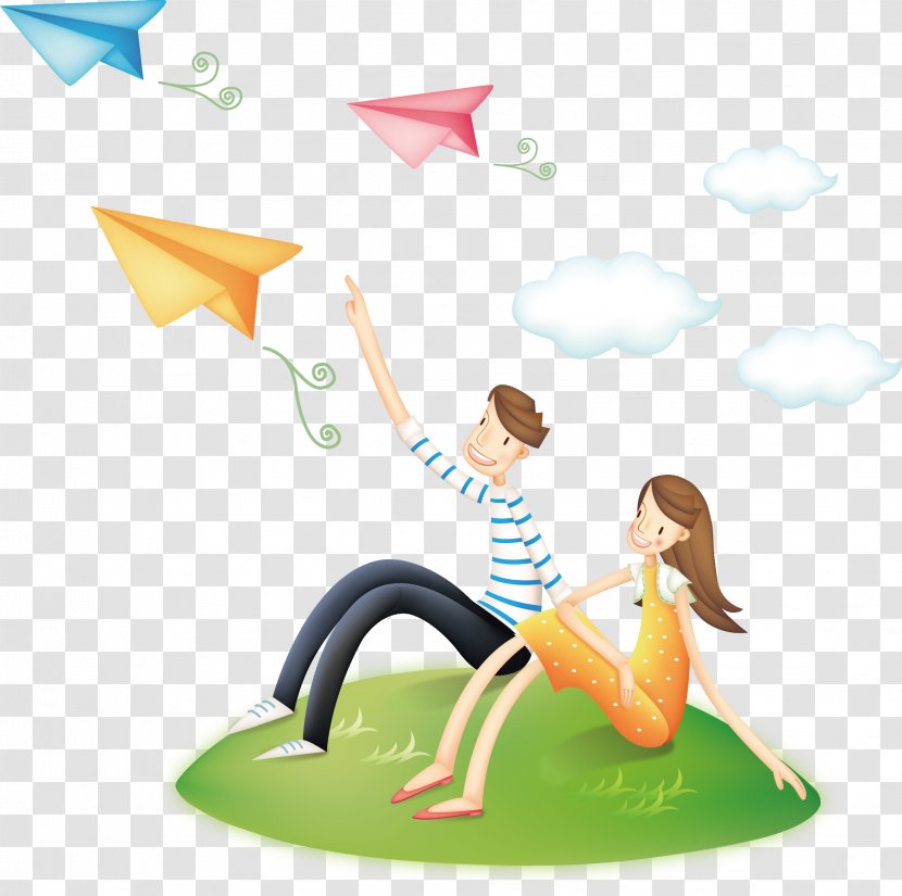 Airplane Cartoon Paper Plane Illustration - Couple On The Grass Transparent PNG