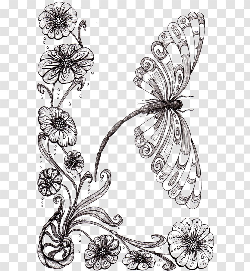 Drawing Flower Pencil Sketch - Pollinator - Dragonflies And Flowers Transparent PNG