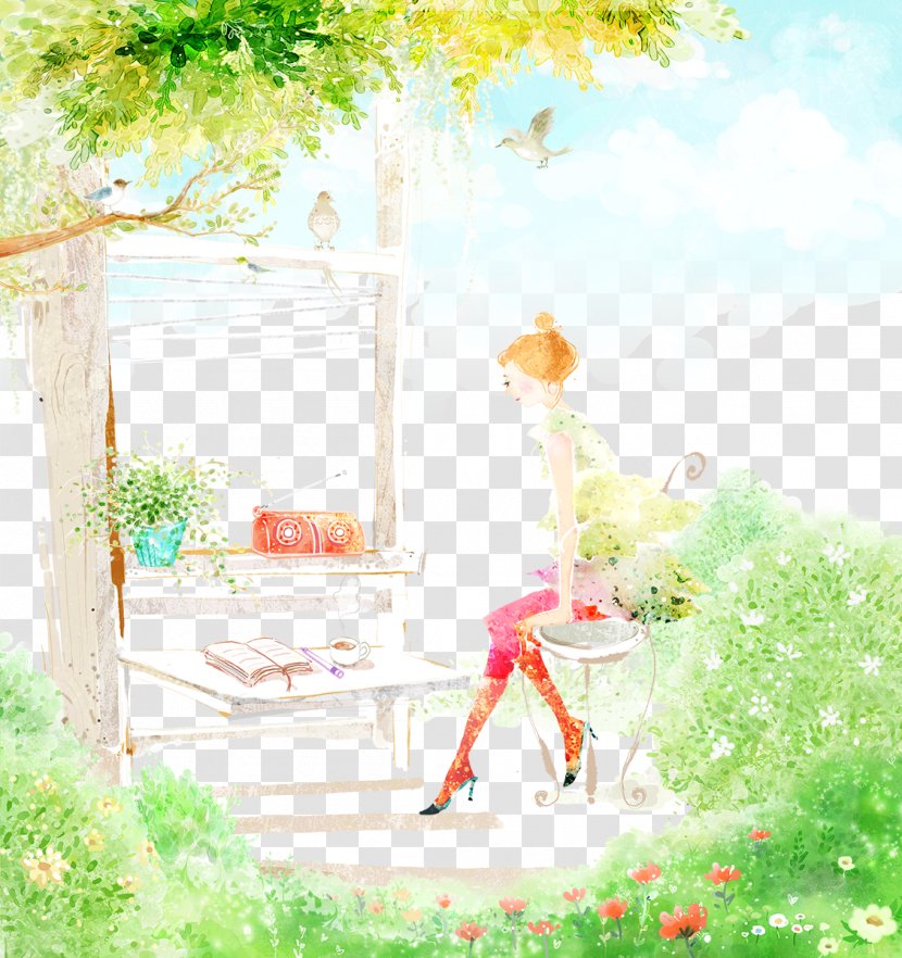 Young Woman Sewing In A Garden Watercolor Painting Fukei Landscape Illustration - Free Time Transparent PNG