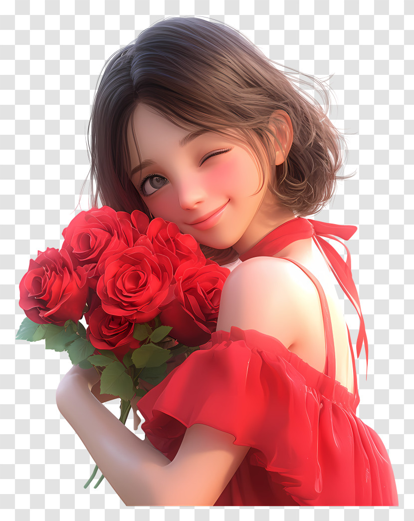 Sweet Girl Winking With Red Roses Transparent PNG