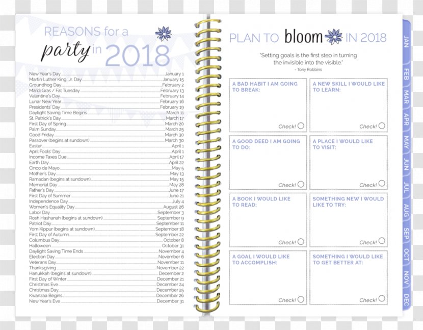 Personal Organizer Goal Paper Hardcover Calendar - Text - 2018 Feather Transparent PNG
