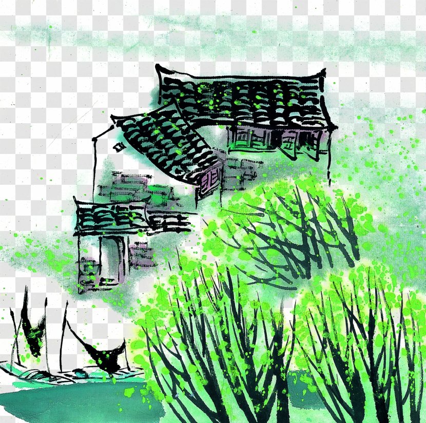 Watercolor Painting Ink Wash - Water Jiangnan Village Transparent PNG